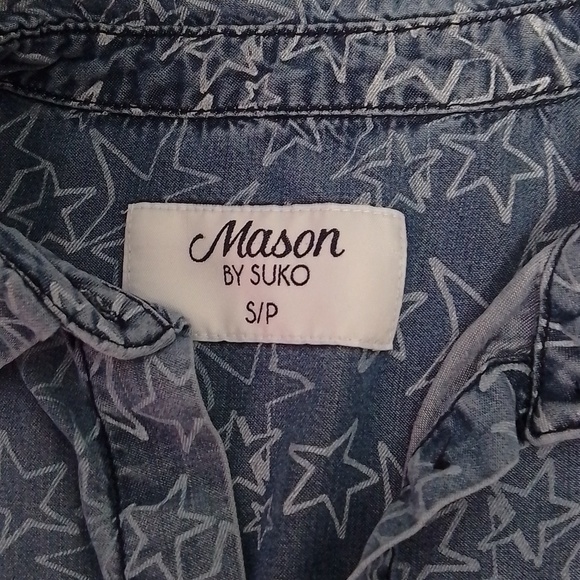 Mason by Suko denim style star print button down shirt. Lightweight  flowy small - Picture 2 of 6